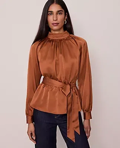 Ann Taylor Satin Tie Waist Blouse In Brown