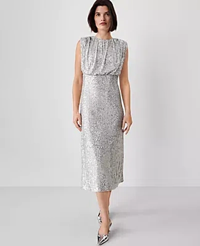 Ann Taylor Sequin Cap Sleeve Midi Dress In Silver Spark