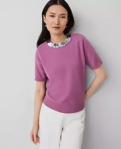 Ann Taylor Sequin Neck Short Sleeve Sweater In Autumn Rose