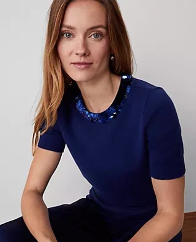 Ann Taylor Sequin Neck Short Sleeve Sweater In Dark Deep Ocean