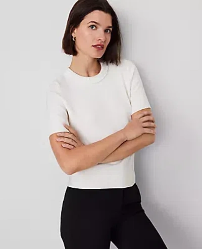 Ann Taylor Sequin Neck Short Sleeve Sweater In Winter White