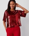Ann Taylor Sequin Short Sleeve Tee In Gingham Red