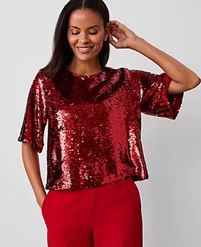 Ann Taylor Sequin Short Sleeve Tee In Gingham Red