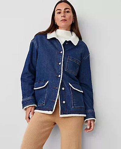 Ann Taylor Sherpa Lined Relaxed Carpenter Jacket In Dark Wash