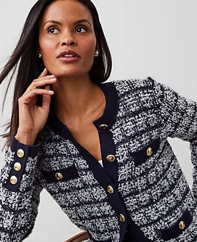 Ann Taylor Shimmer Plaid Cardigan In Navy/white