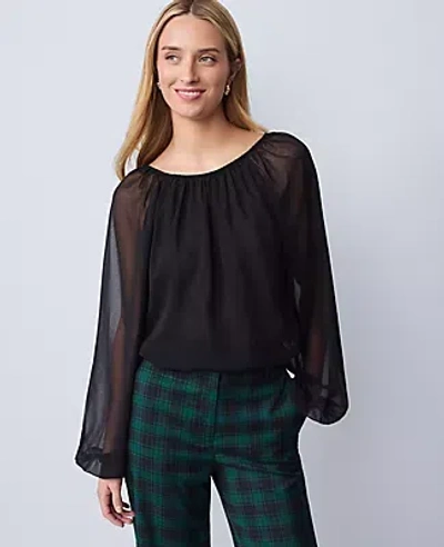 Ann Taylor Shirred Crew Neck Blouse In Black