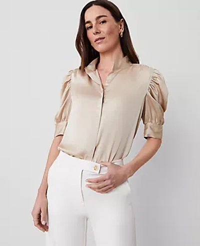 Ann Taylor Shirred Puff Sleeve Top In Toasted Oat