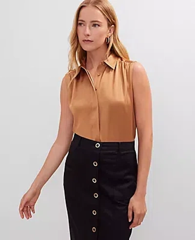 Ann Taylor Shirred Sleeveless Shirt In Brown