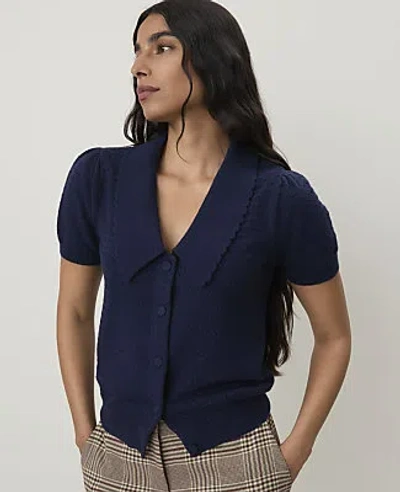 Ann Taylor Short Sleeve  Sailor Collar Cardigan In Indigo Dusk