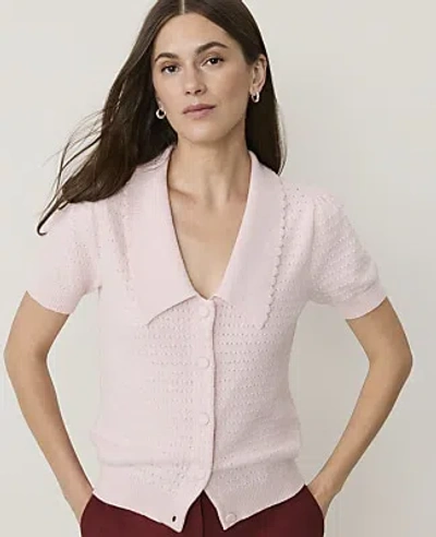Ann Taylor Short Sleeve  Sailor Collar Cardigan In Mother Of Pearl