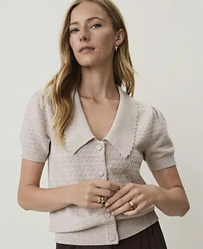 Ann Taylor Short Sleeve  Sailor Collar Cardigan In Warm Limestone Melange
