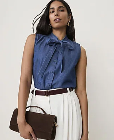 Ann Taylor Sleeveless Bow Neck Blouse In Blue