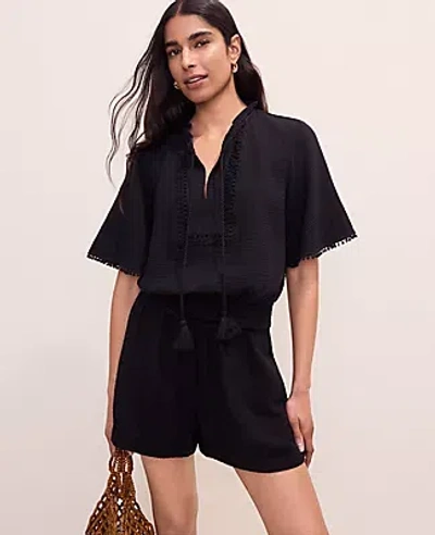 Ann Taylor Smocked Bobble Trim Blouse In Black