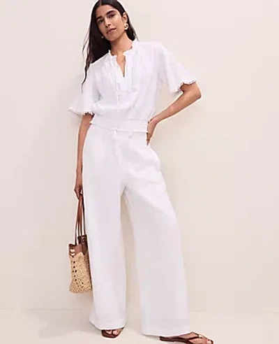 Ann Taylor Smocked Bobble Trim Blouse In White