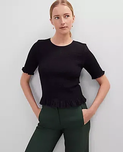 Ann Taylor Smocked Ruffle Trimmed Top In Black