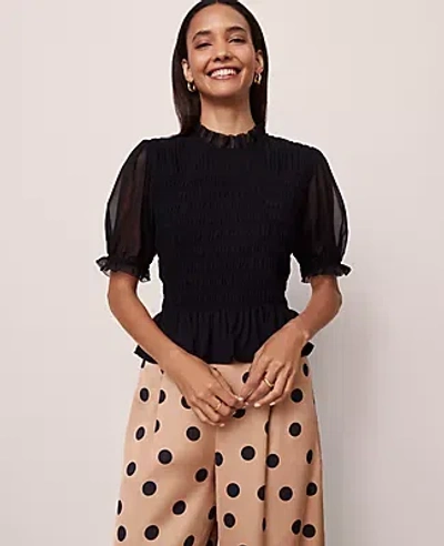 Ann Taylor Smocked Ruffled Top In Black