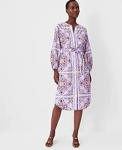 Ann Taylor Split Neck Belted Flare Dress In Lavender Latte