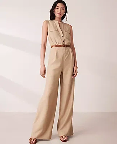 Ann Taylor Split Neck Sleeveless Wide Leg Jumpsuit In Baguette