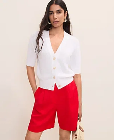 Ann Taylor Starfish Button Elbow Sleeve Cardigan In White