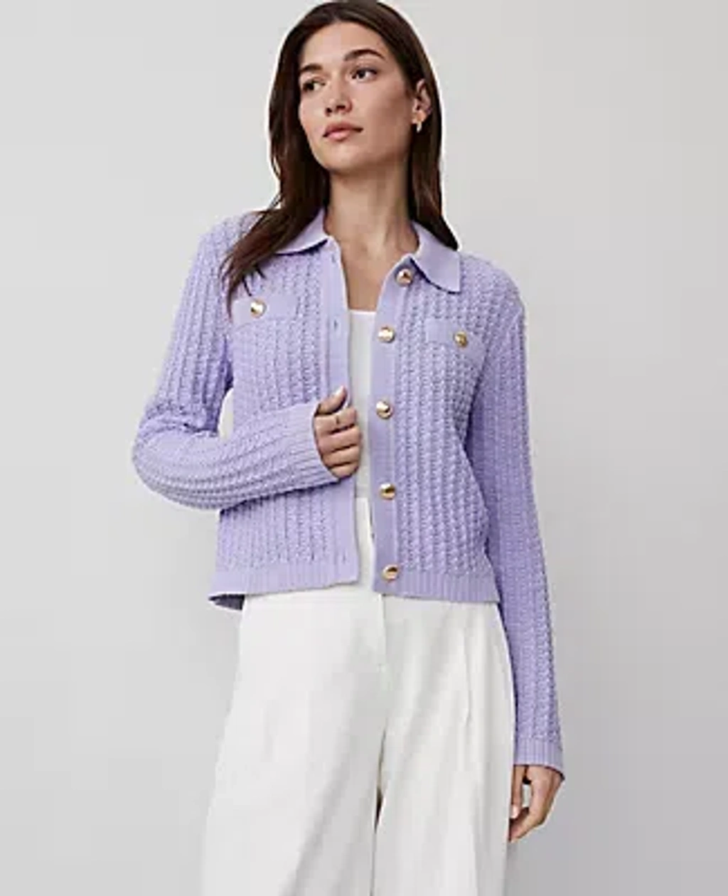 Ann Taylor Stitched Collared Sweater Jacket In Lilac Bud ModeSens