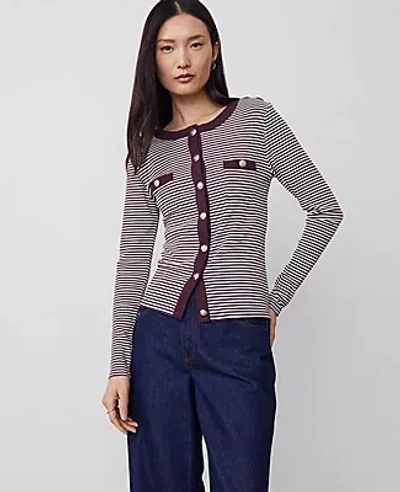 Ann Taylor Stripe Button Knit Jacket In Plum Rose/white Combo