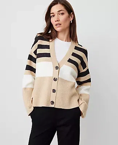 Ann Taylor Stripe Ribbed  Cardigan In Camel/white Combo