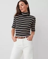 Ann Taylor Stripe Ribbed Turtleneck Elbow Sleeve Top In Black/neutral Multi