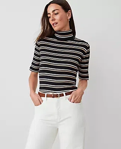 Ann Taylor Stripe Ribbed Turtleneck Elbow Sleeve Top In Black/neutral Multi