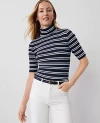 Ann Taylor Stripe Ribbed Turtleneck Elbow Sleeve Top In Night Sky