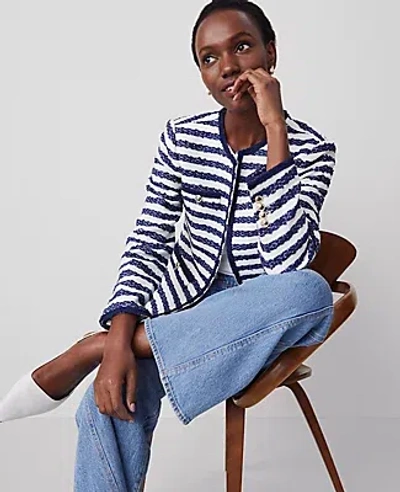 Ann Taylor Striped Boucle Tweed Fitted Jacket In Blue/white Combo