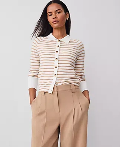 Ann Taylor Striped Collared Cardigan In Camel/white Combo