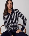 Ann Taylor Striped Collared Cardigan In Navy/white