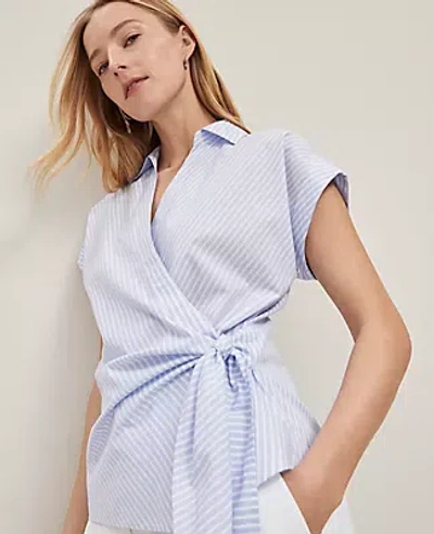 Ann Taylor Striped Collared Tie Waist Top In Light Blue