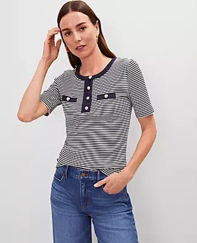 Ann Taylor Striped Contrast Trim Henley Top In Multi