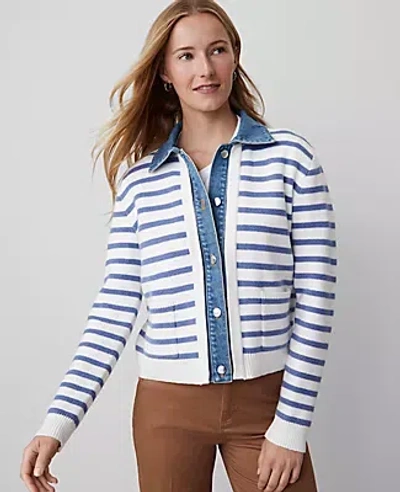Ann Taylor Striped Denim Sweater Jacket In Light Blue/white Combo