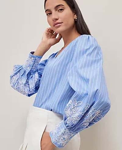 Ann Taylor Striped Embroidered V-neck Popover Top In Blue / White