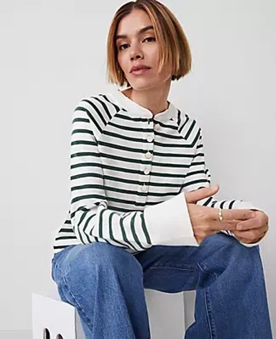 Ann Taylor Striped Henley Sweatshirt In Dried Cilantro