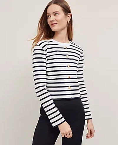 Ann Taylor Striped Knit Jacket In Winter White-night Sky