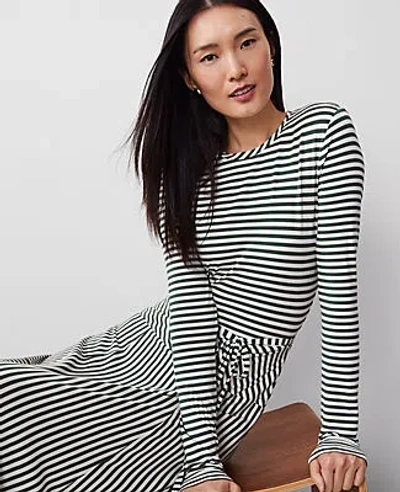 Ann Taylor Striped Knit Midi Flare Dress In Dried Cilantro
