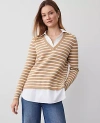 Ann Taylor Striped Layered Mixed-media Sweater In Camel/white Combo