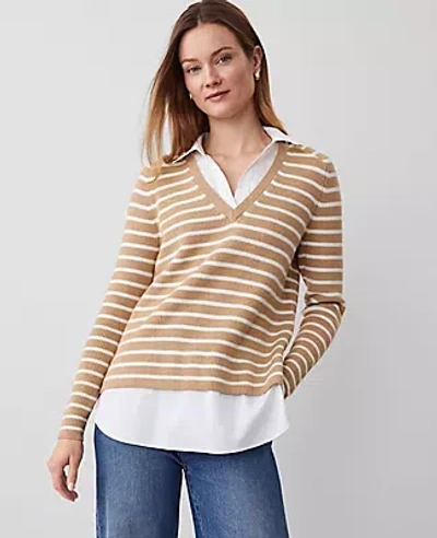 Ann Taylor Striped Layered Mixed-media Sweater In Camel/white Combo