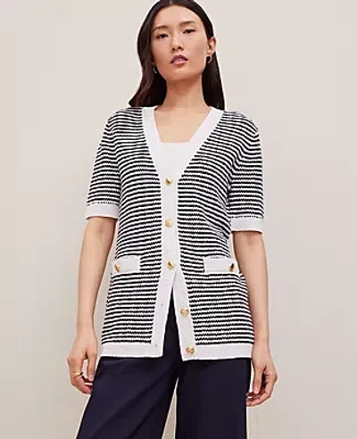 Ann Taylor Striped Long Sweater Jacket In Navy/white