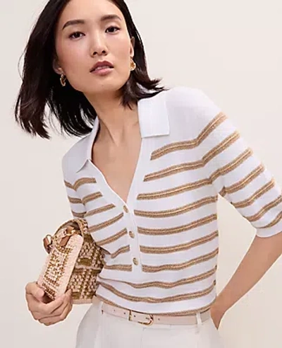 Ann Taylor Striped Polo Sweater In White