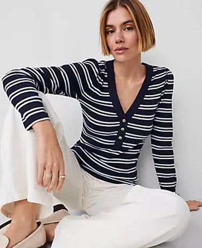 Ann Taylor Petite Striped Puff Sleeve Henley Top In Night Sky