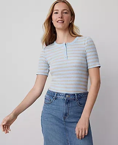 Ann Taylor Striped Ribbed Henley Top In Freesia Blue