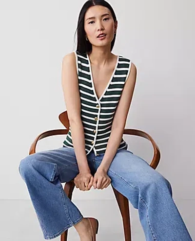 Ann Taylor Striped Ribbed Sweater Vest In Green/white Stripe