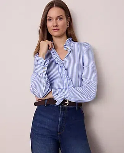 Ann Taylor Striped Ruffle Collar Blouse In Blue