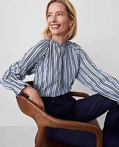 Ann Taylor Striped Ruffle Raglan Popover Top In Soft Indigo