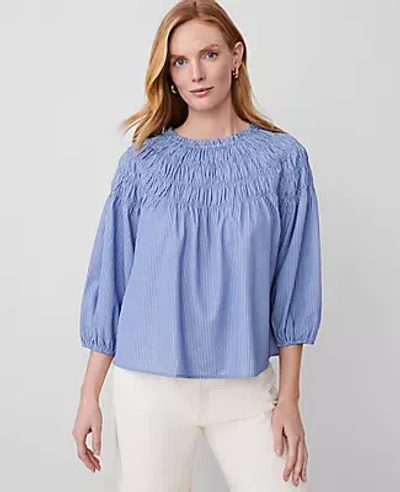 Ann Taylor Striped Smocked Shoulder Top In Colony Blue