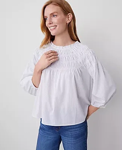 Ann Taylor Striped Smocked Shoulder Top In White